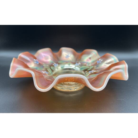 Antique Dugan Enameled Single Flower Opalescent Peach Carnival Glass Bowl 9” - Picture 4 of 11